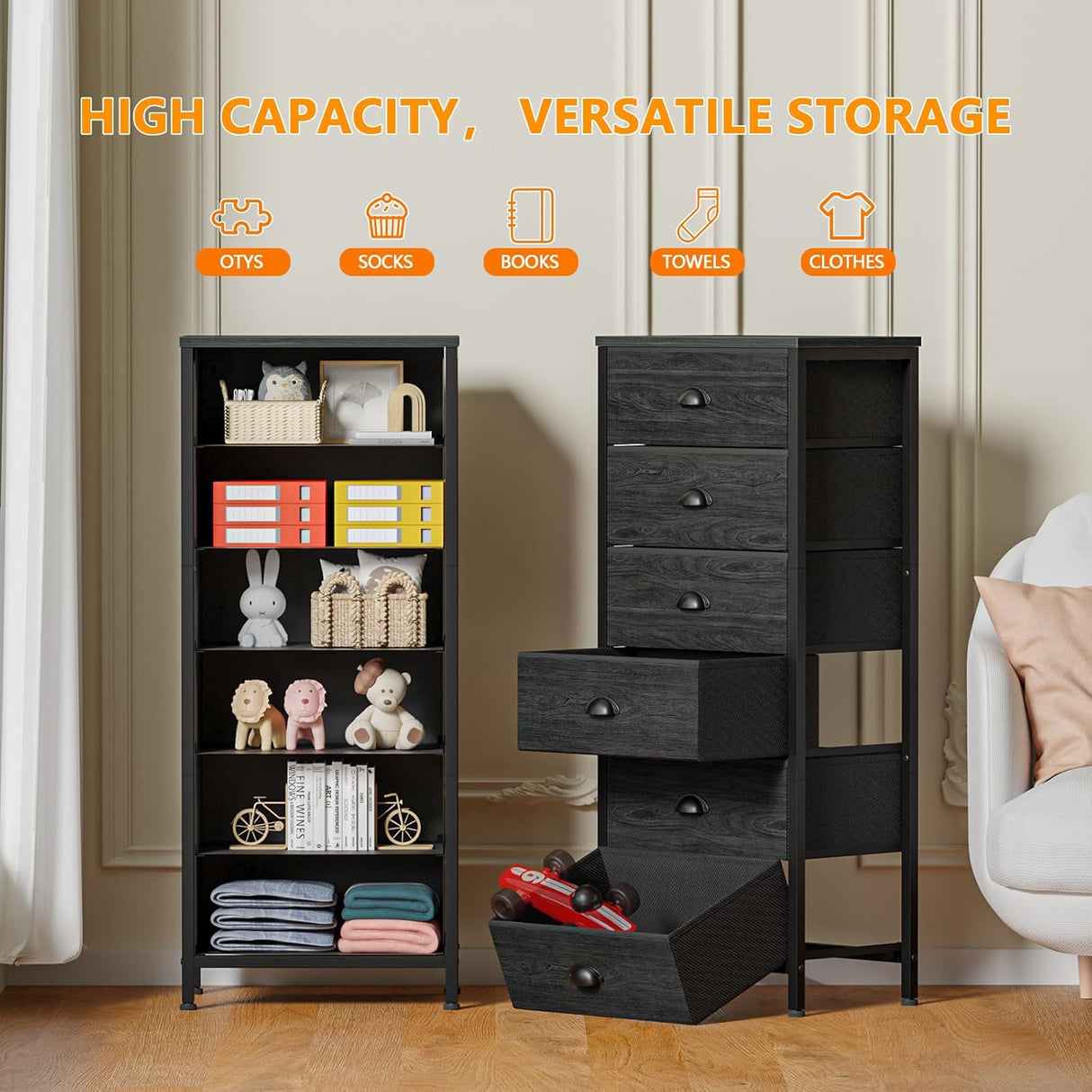 Cómoda alta con 6 cajones y mesa de noche vertical para dormitorio