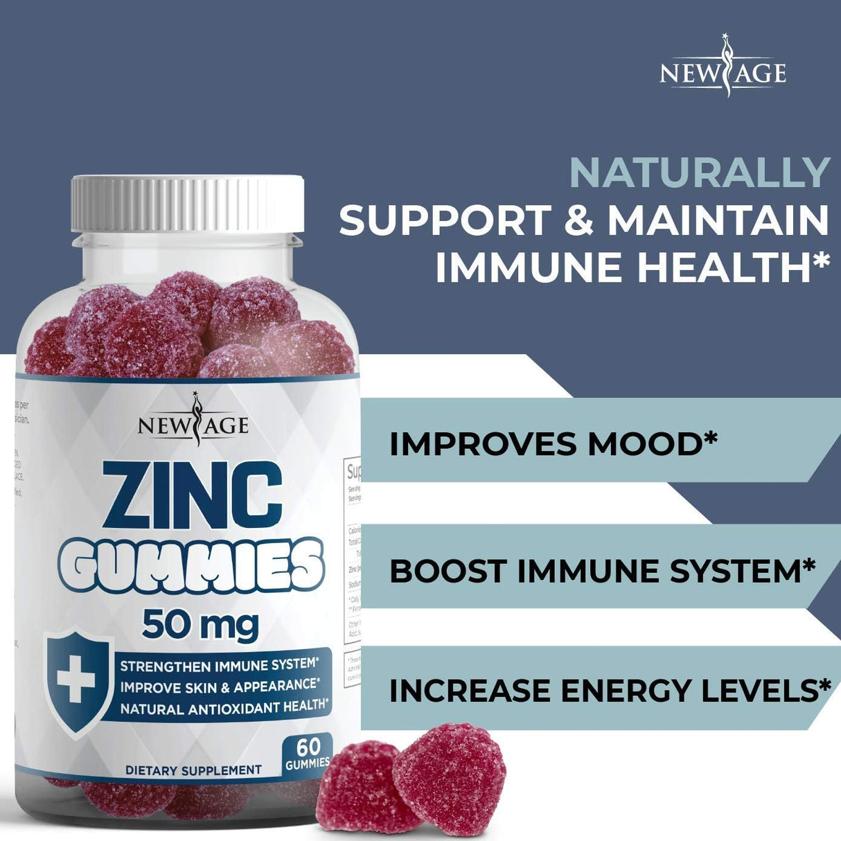 Gomitas de zinc – Paquete de 2 – Suplemento de zinc inmunitario de alta potencia de 50 mg, defensa inmune, potente antioxidante natural, sin OMG, de New Age, 120 unidades