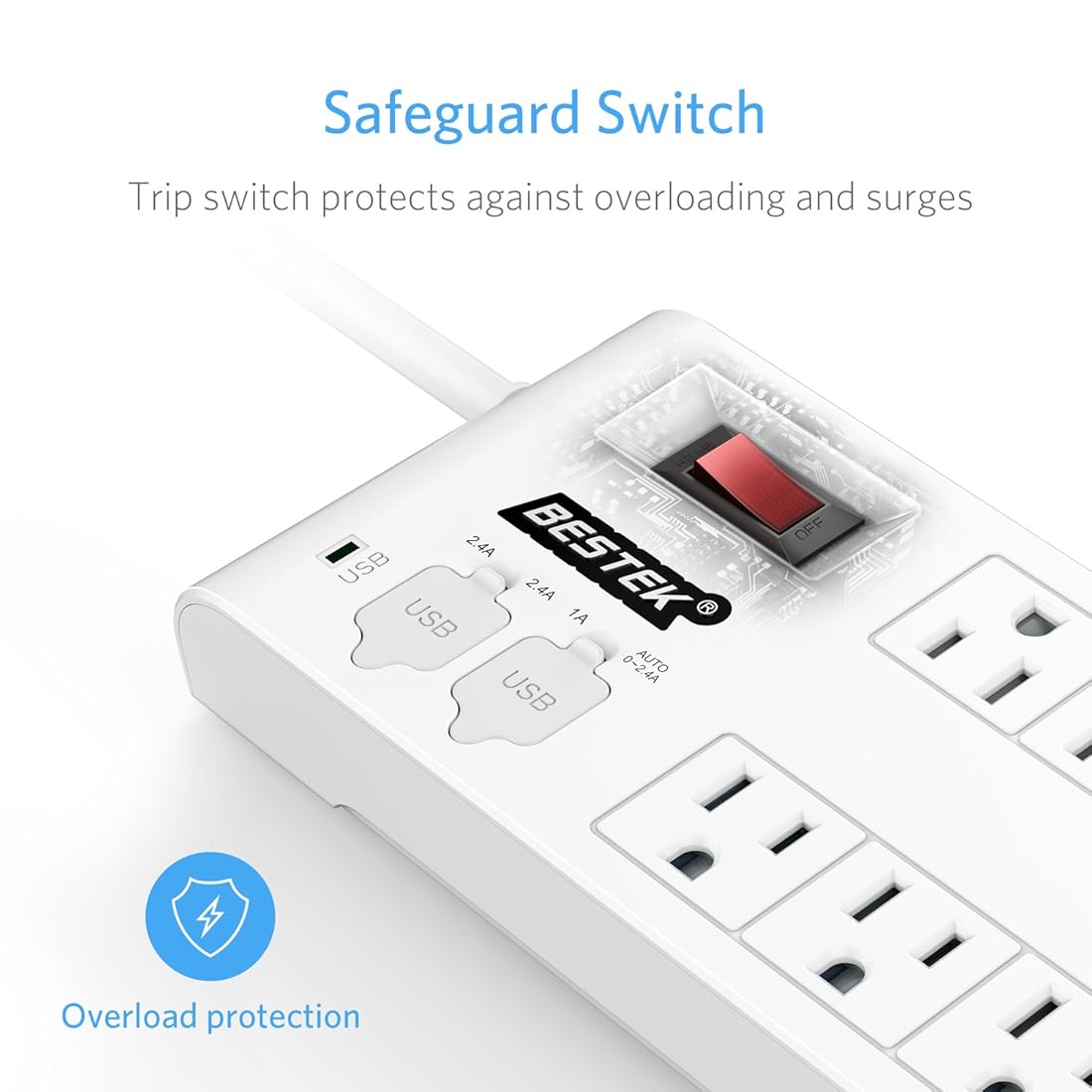 BESTEK 8-Outlet Surge Protector Power Strip con 4 puertos