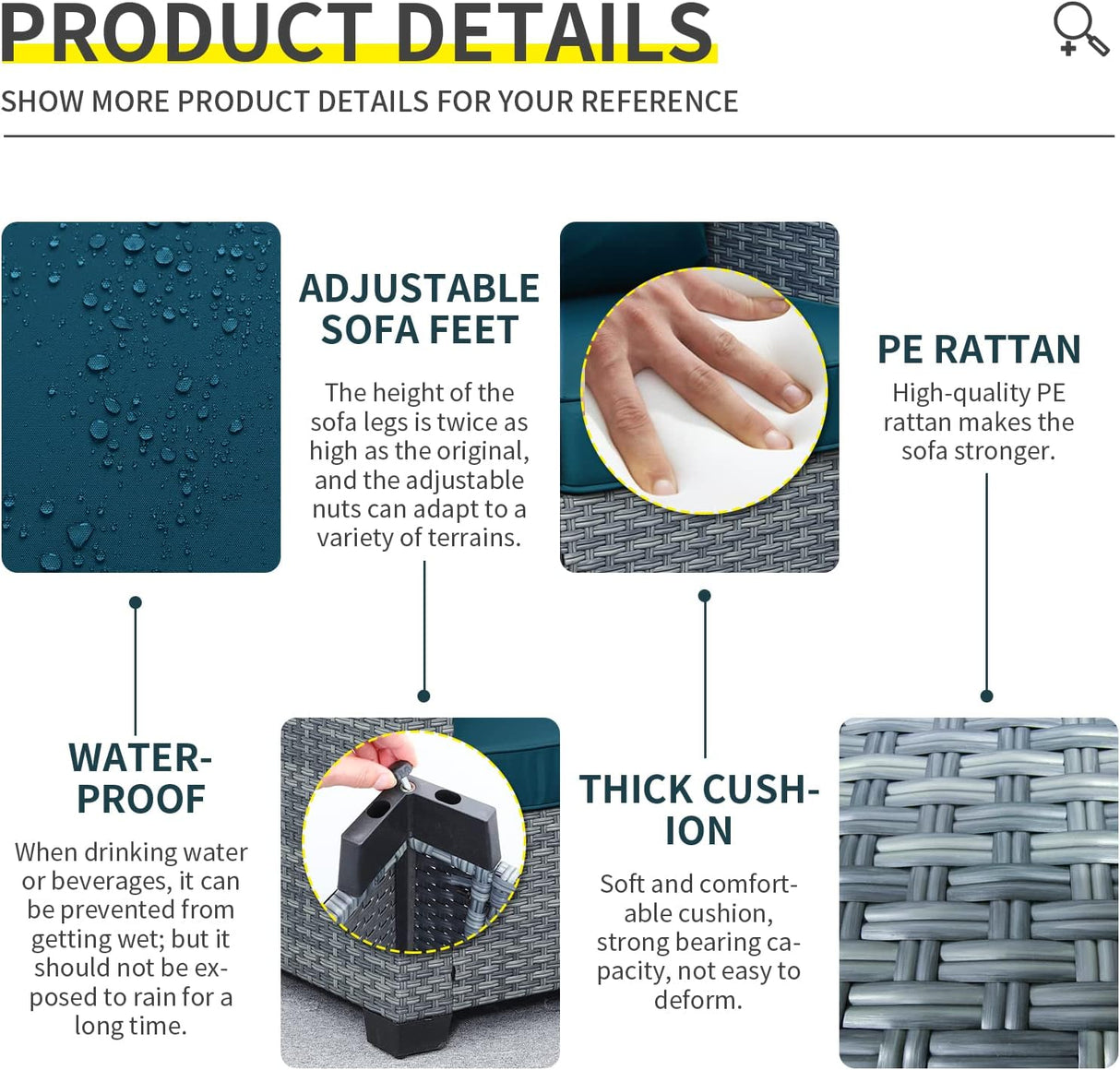 Lviden Juego de muebles de mimbre para patio de 4 piezas, juego de conversación al aire libre, sofá seccional de ratán de polietileno con mesa de almacenamiento y cojines azul pavo real