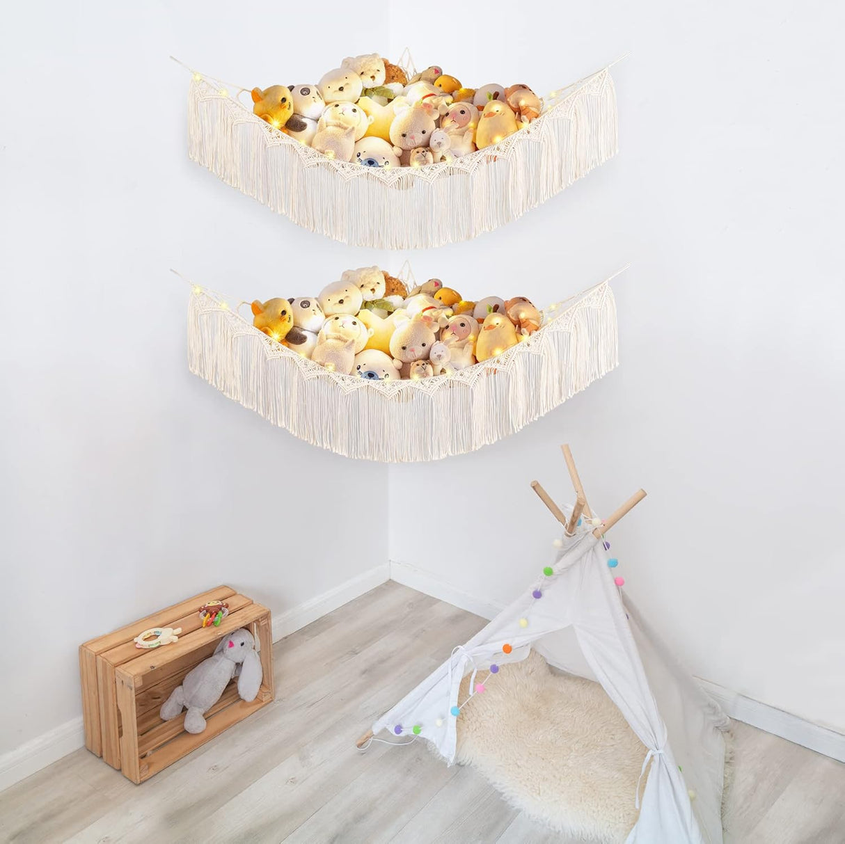 Hamaca para peluches Mkono, macramé con borlas, 2 piezas