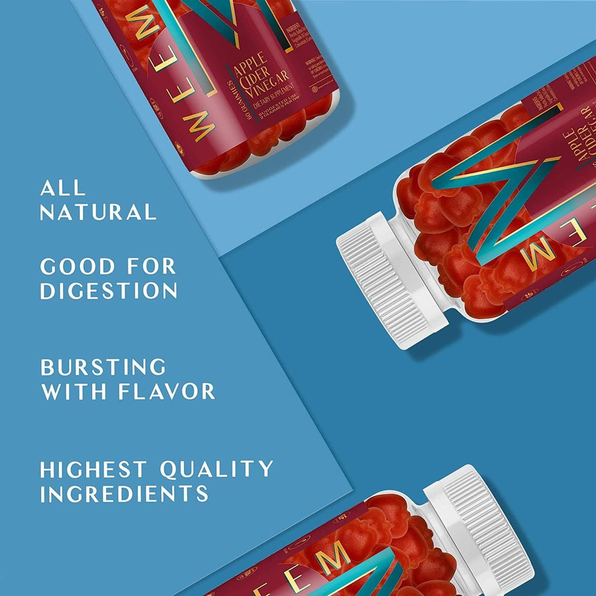 WEEM Gomitas de vinagre de sidra de manzana, natural, vegano con ácido fólico, sin gluten, vitamina B12, suplemento de desintoxicación y peso premium, ayuda a la digestión para mujeres y hombres