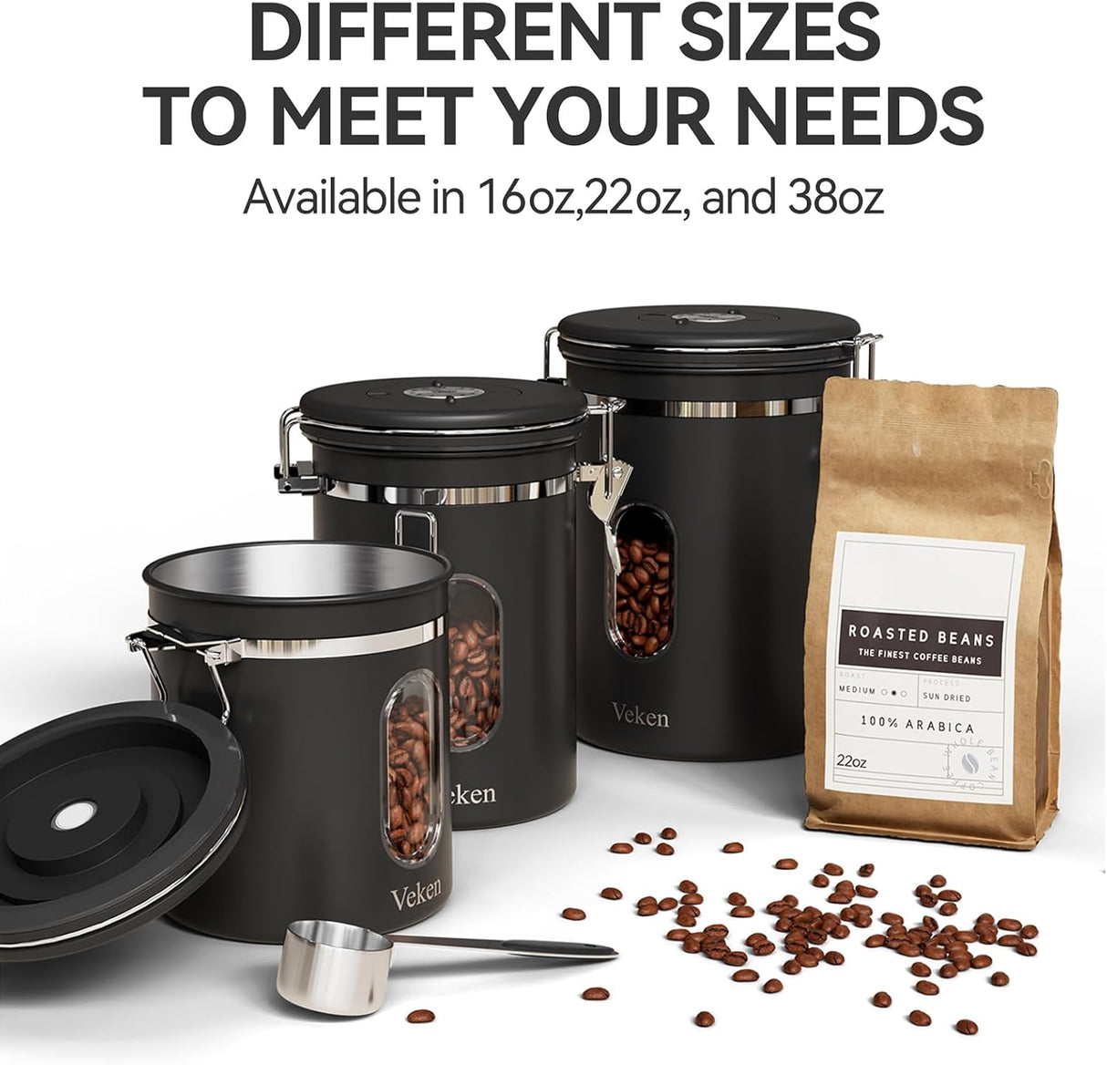Veken Canister de Café con Ventana, Apto para Alimentos, 22OZ