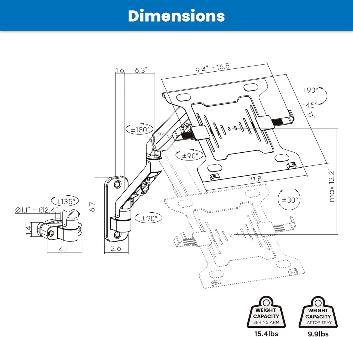 Brazo ergonómico para portátil para montaje en pared o poste