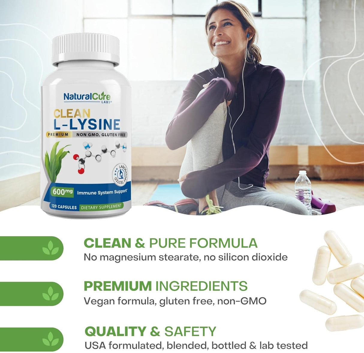Suplemento Clean L-Lysine 600 mg 120 cápsulas Vegano