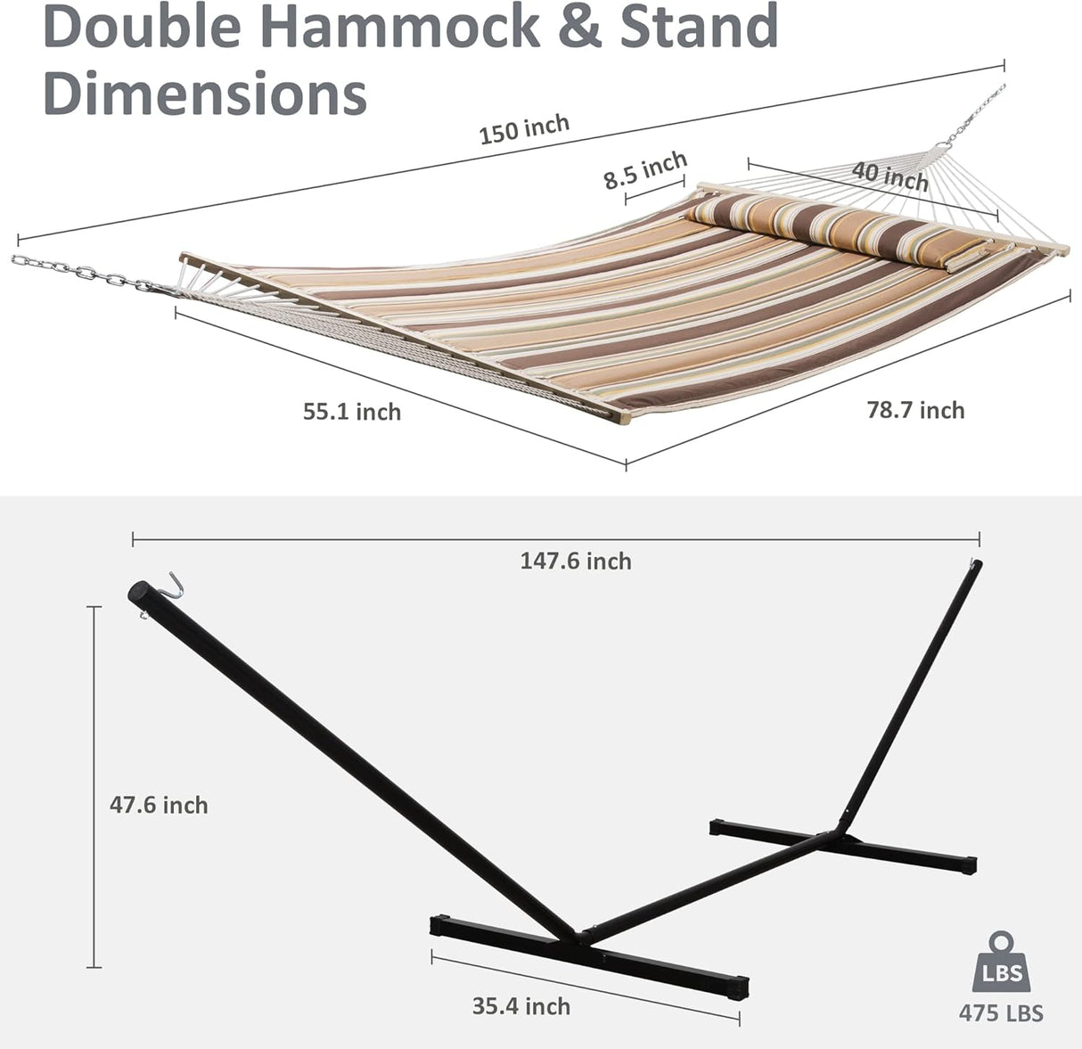Hamaca portátil SUNCREAT con soporte, 2 personas, 475lbs capacidad