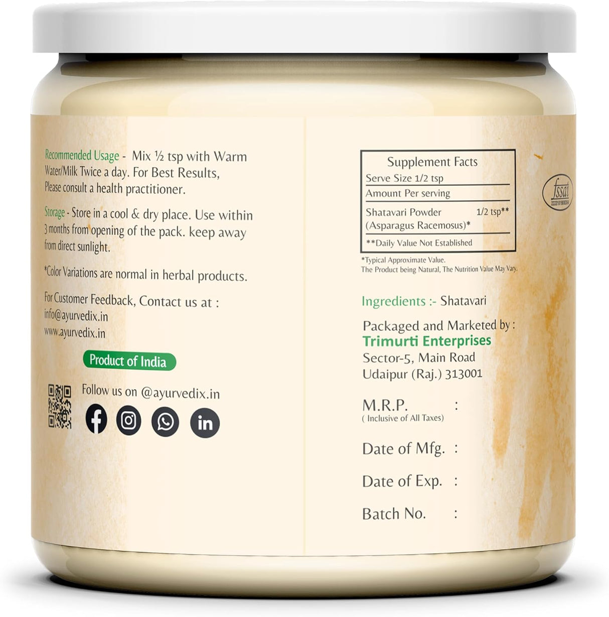 Suplemento Shatavari en polvo orgánico Hierba ayurvédica