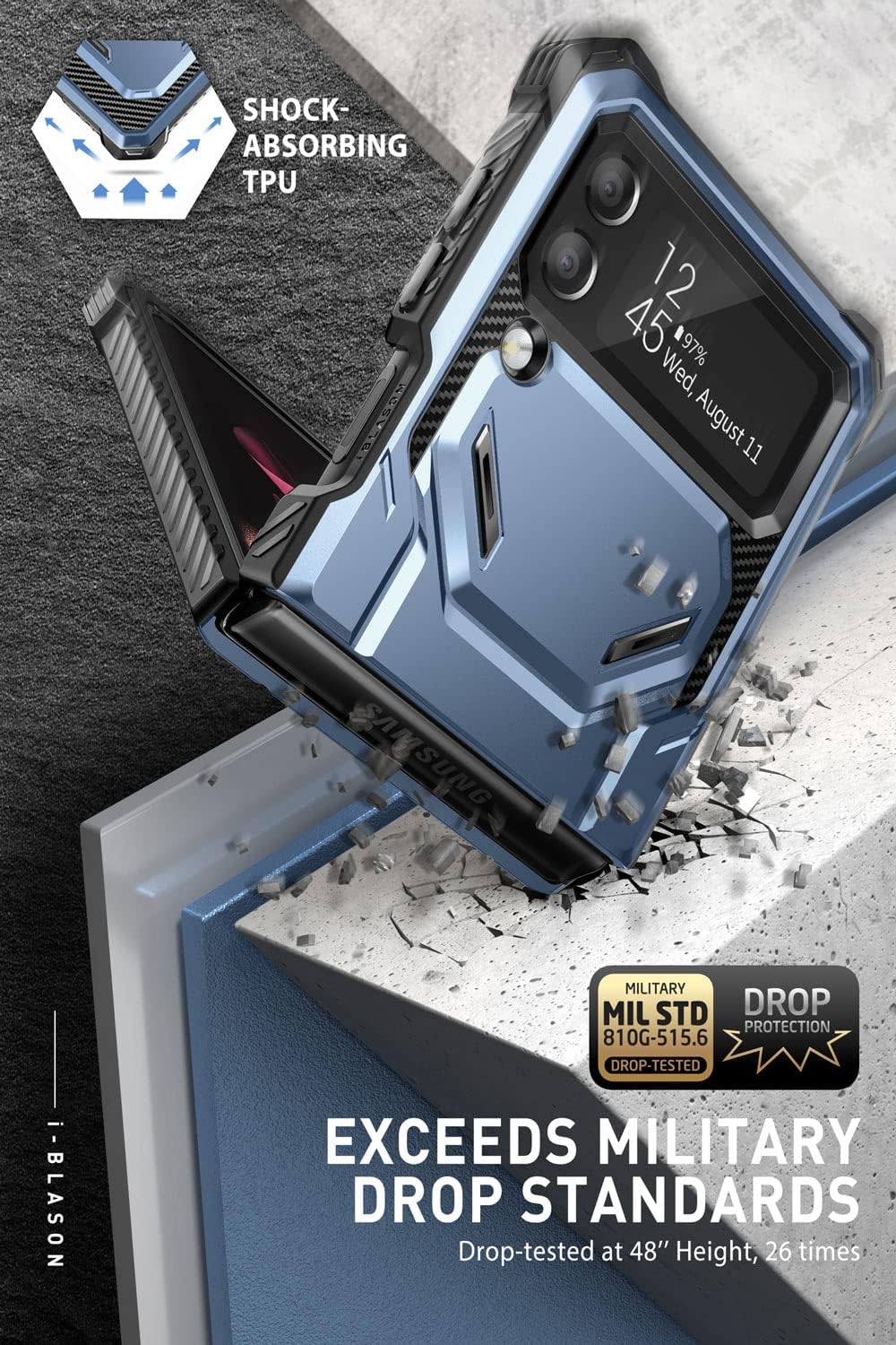 i-Blason Armorbox Series - Funda resistente para Samsung Galaxy Z Flip 4 5G (2022), con reducción de golpes y parachoques (inclinación)