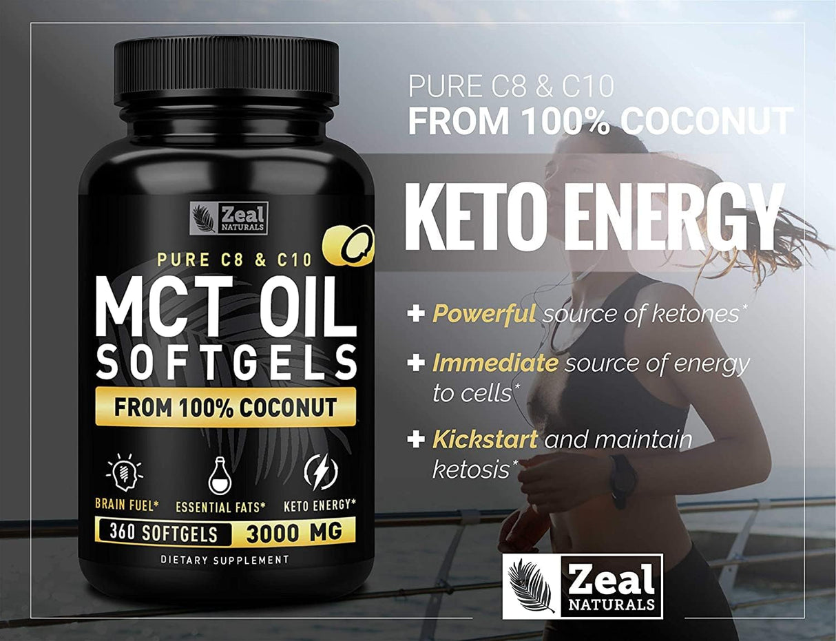 Suplemento de aceite MCT puro 360 cáp 3000 mg energía Keto