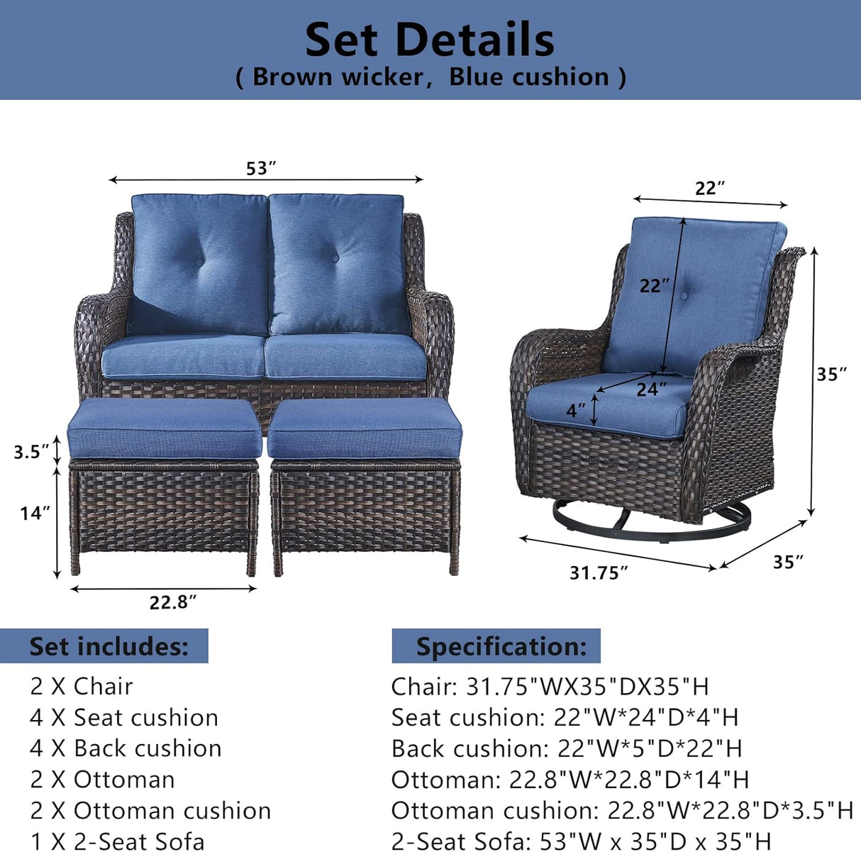 Belord Juego de muebles de patio al aire libre de 5 piezas, muebles de mimbre para conversación, sillas mecedoras giratorias para exteriores con sofá biplaza y 2 otomanas para espacios pequeños, cojín azul