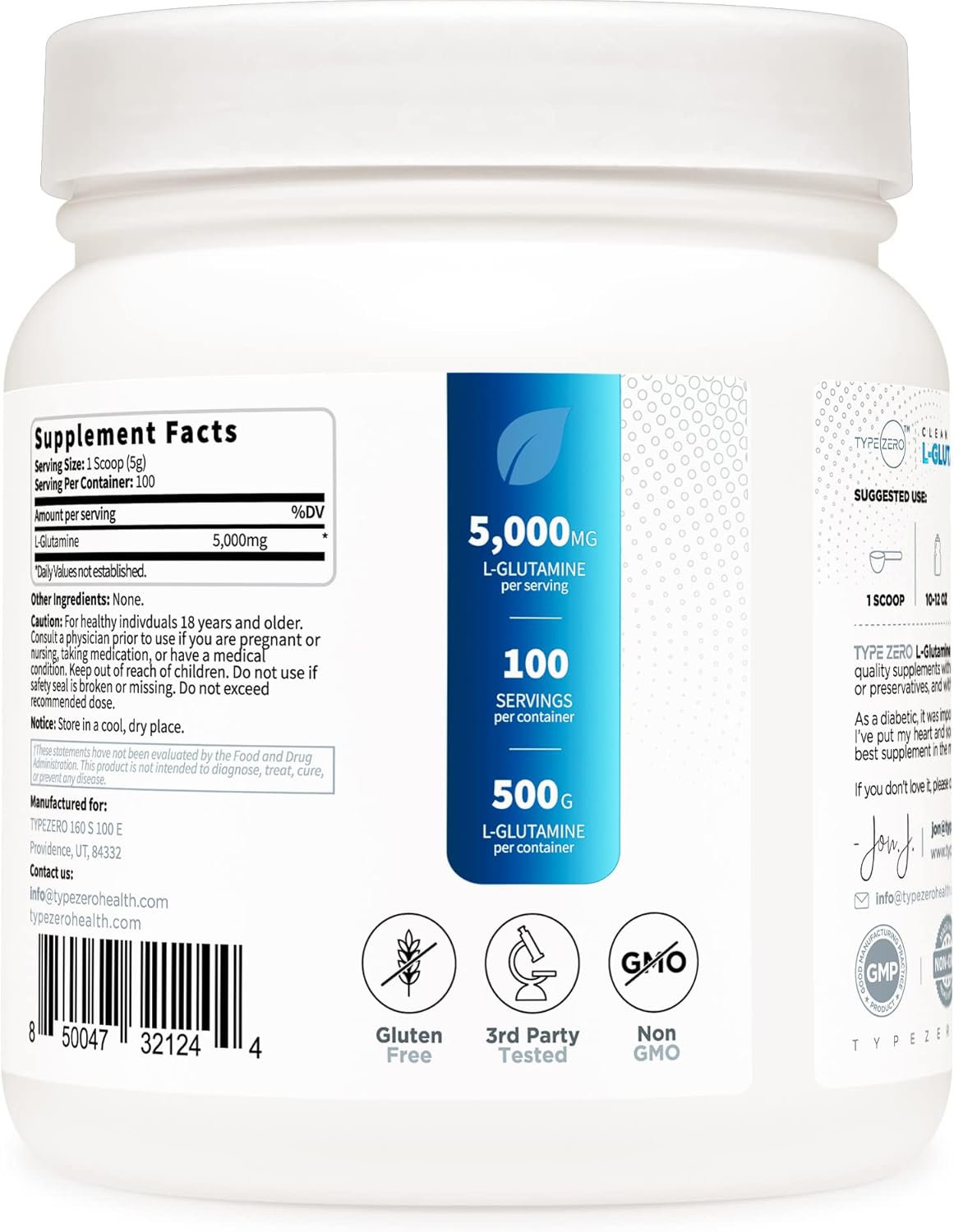 Suplemento L-Glutamina en polvo Type Zero 500g, vegano y puro