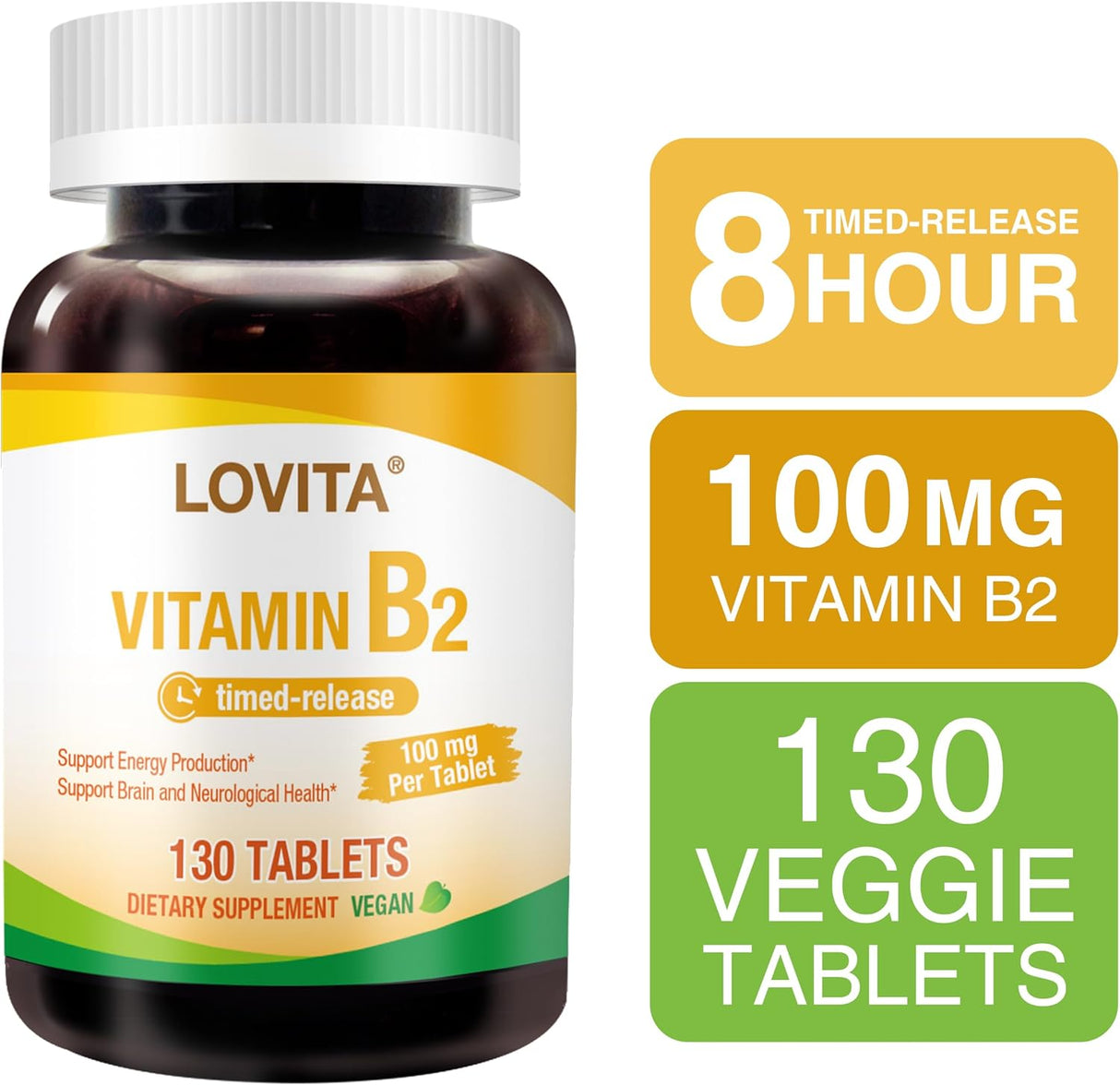 Lovita Vitamina B2 Riboflavina 100mg, Liberación Prolongada, 130 Tablet