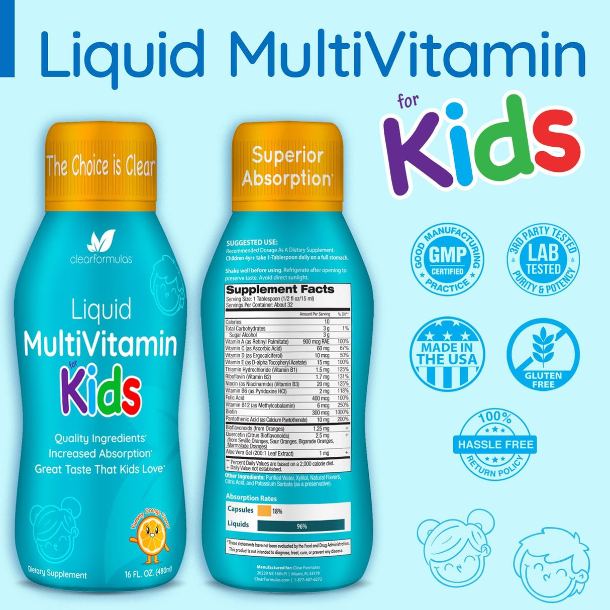 Multivitamínico líquido sin azúcar para niños, 32 porciones