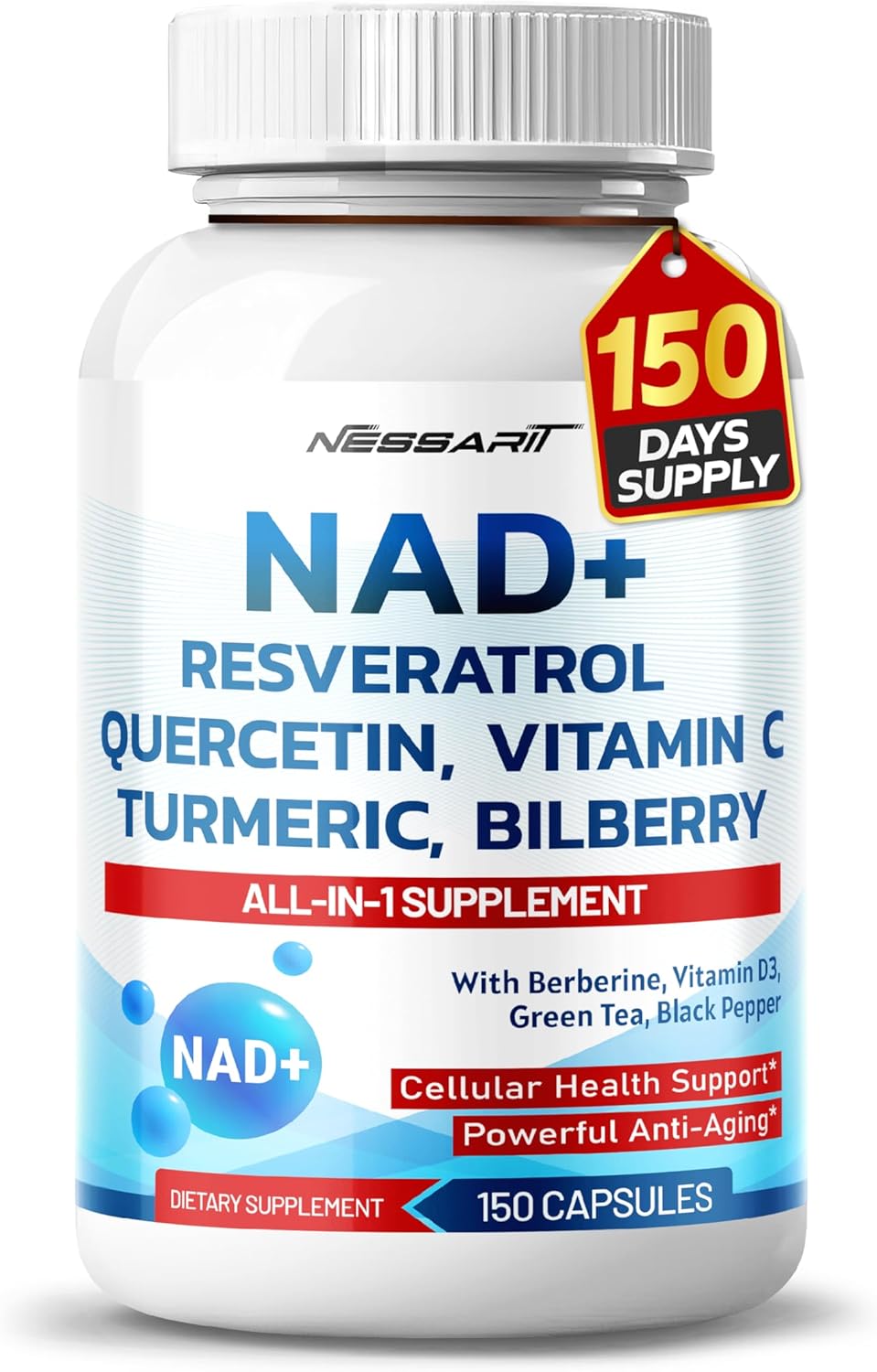 Suplemento NAD+ Resveratrol 10 en 1 - 150 cápsulas USA