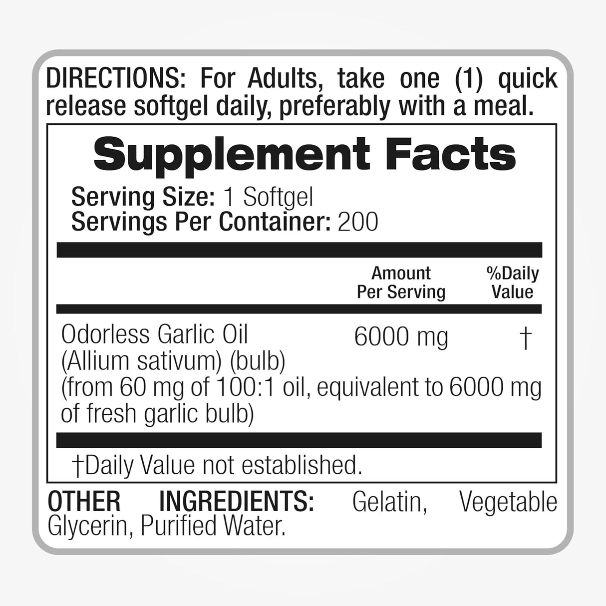 SuplementoPastillas de ajo Equivalente a 6000 mg 200 cáp