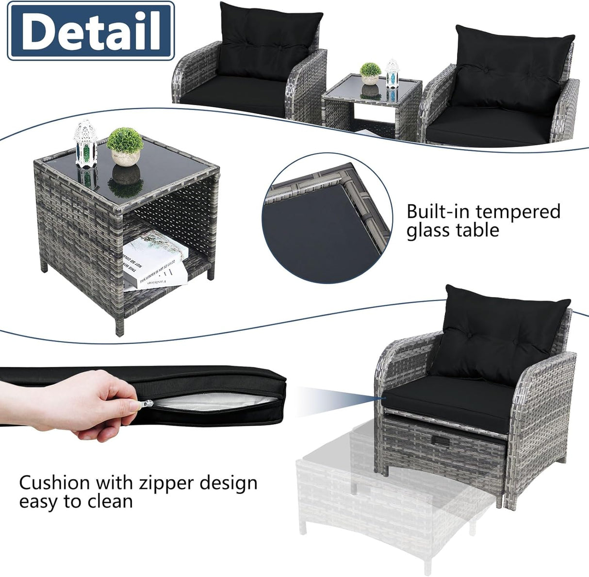 FYRICKYLINOO Juego de 5 sillas de mimbre para patio al aire libre con otomana, juego de muebles de conversación de patio con otomana debajo de todo tipo de clima, ratán de polietileno para todo tipo