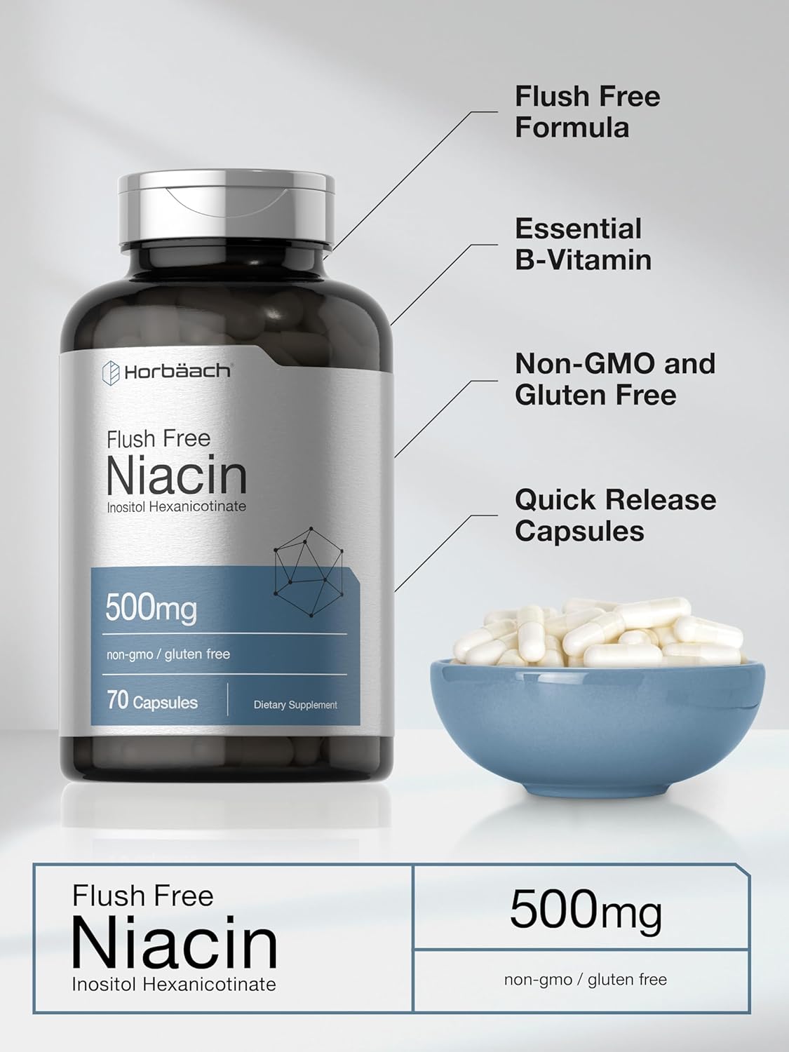 Niacina Horbaach 500 mg 70 Cápsulas Sin Flush Non-GMO