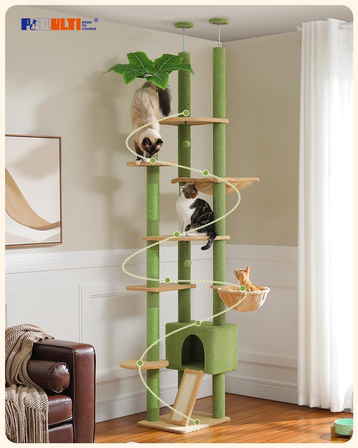 Árbol para gatos PEQULTI, ajustable 90.5''-100.4'', con hamaca
