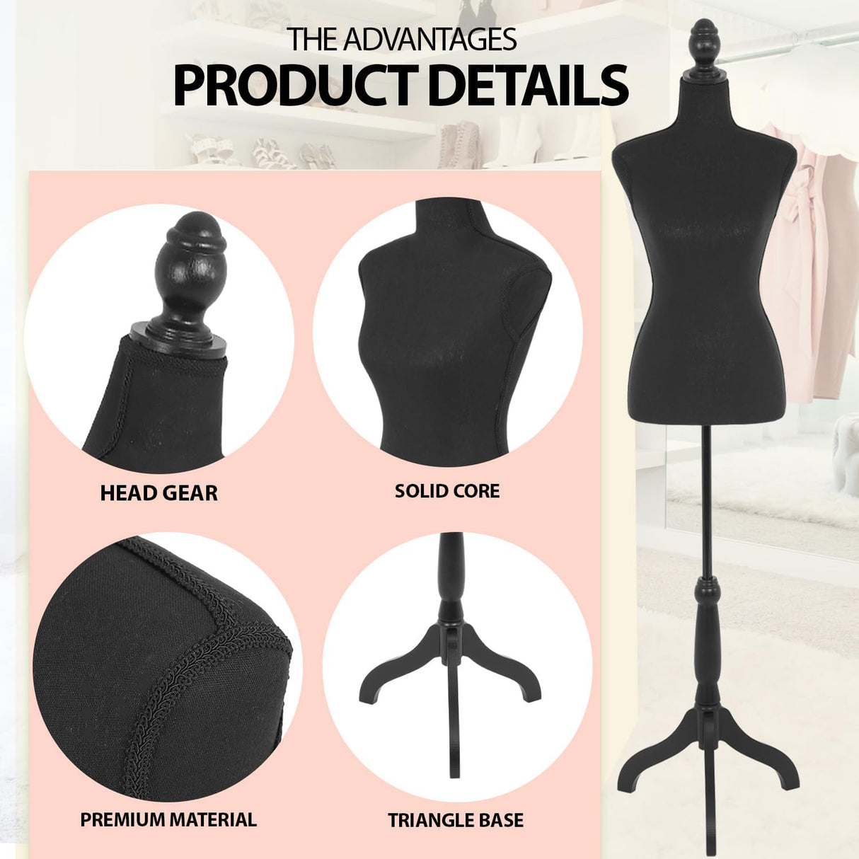 Maniquí Torso Femenino, Ajustable, Soporte Tripode, 59-67