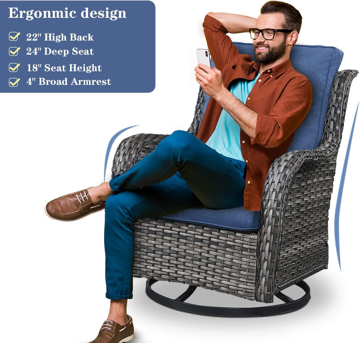 Belord Juego de muebles de patio al aire libre de 5 piezas, muebles de mimbre para conversación, sillas mecedoras giratorias para exteriores con sofá biplaza y 2 otomanas para espacios pequeños, cojín azul