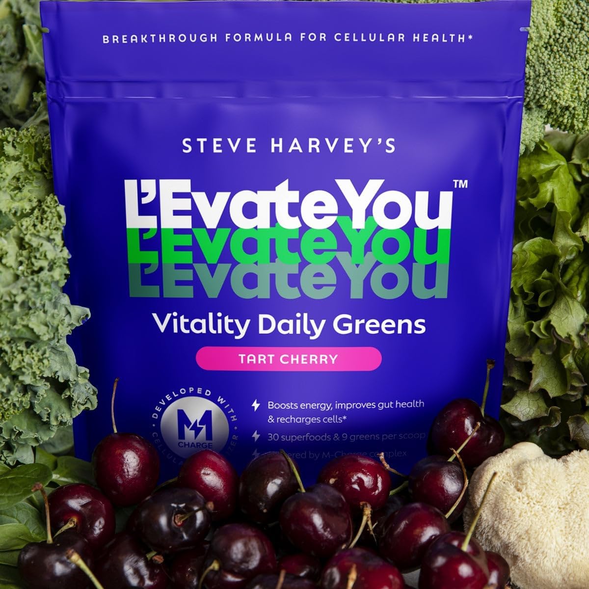 Suplemento Steve Harvey's Greens Powder sabor a cereza