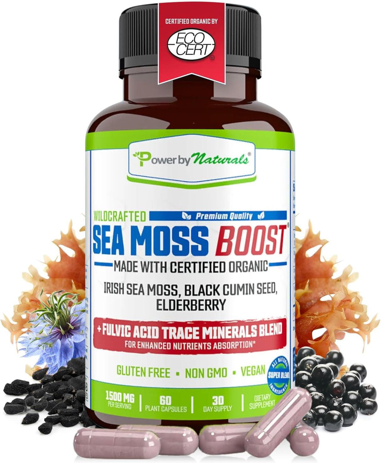 Power By Naturals Sea Moss Cápsulas Orgánicas con Aceite de Semilla Negra y Elderberry