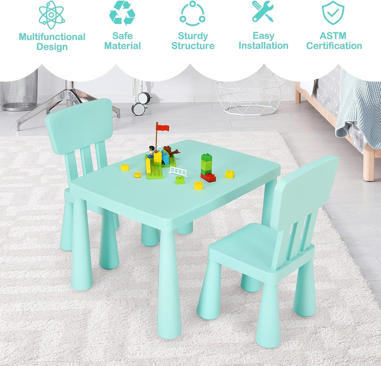 Juego de mesa y silla para niños 3 piezas de plástico