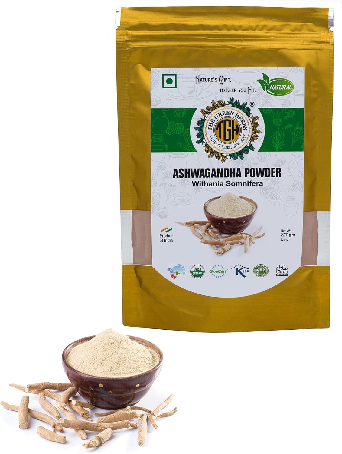 Polvo de raíz de Ashwagandha, The Green Herbs, 227g, Natural