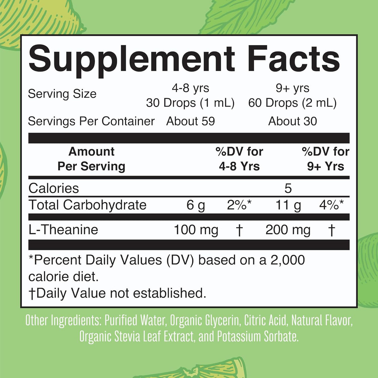 Suplemento líquidas de 200 mg L-teanina glicerina orgánica