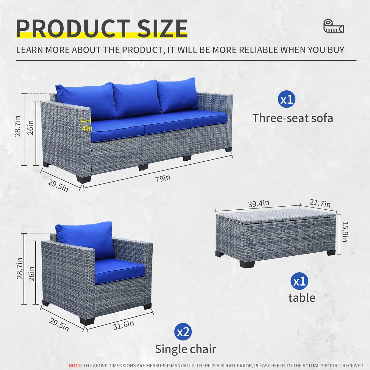 Lviden Juego de muebles de mimbre para patio de 4 piezas, juego de conversación al aire libre, sofá seccional de ratán de polietileno con mesa de almacenamiento y cojines azul rey
