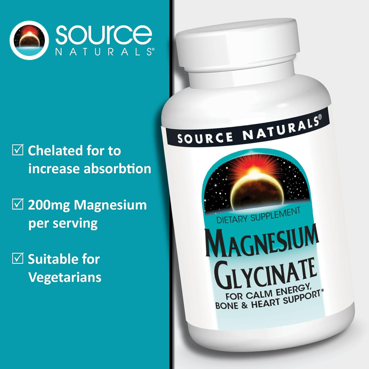 Magnesio Glicinato Source Naturals, Calm y Soporte Óseo, 60 Tab