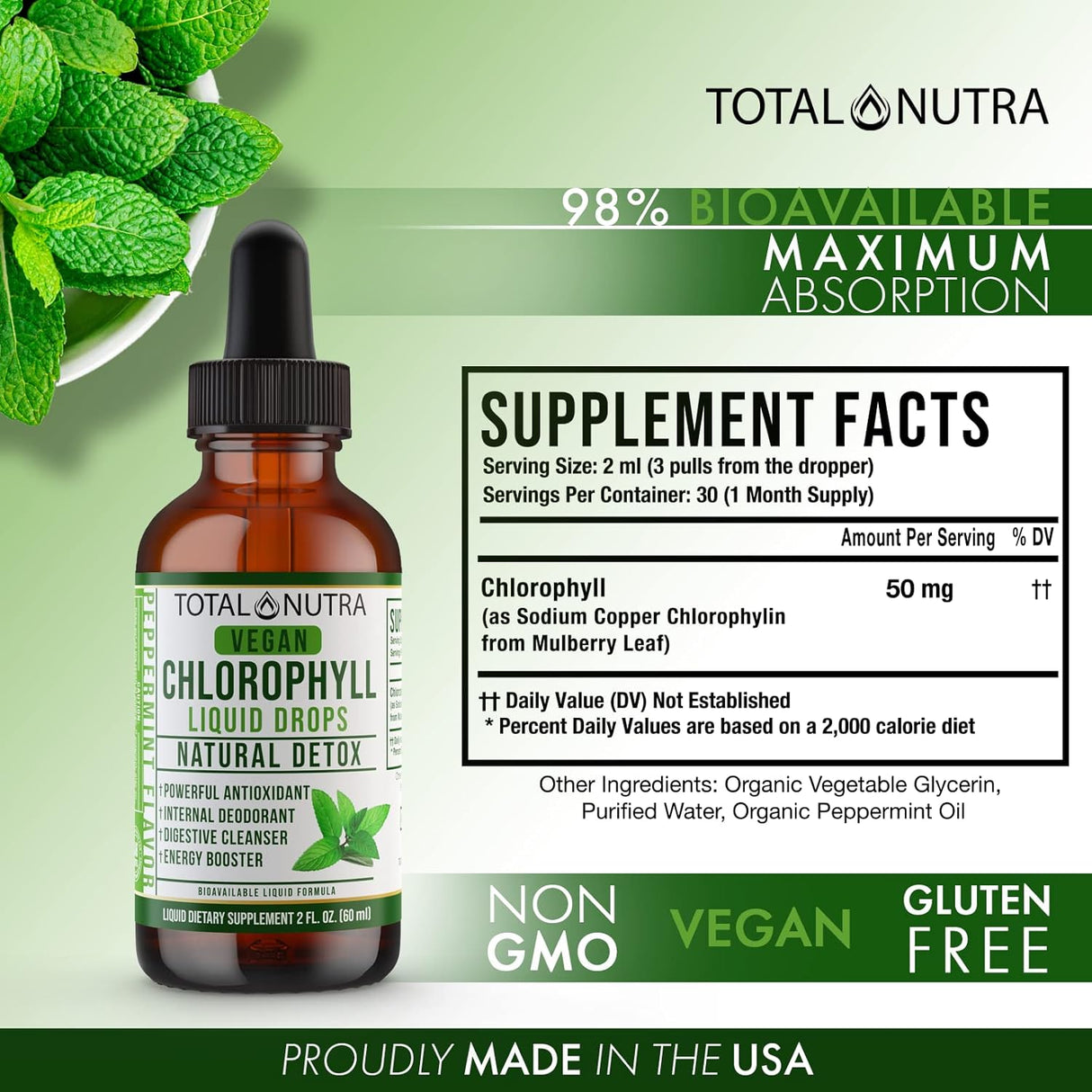 Suplemento Gotas líquidas de clorofila con sabor a menta 2oz