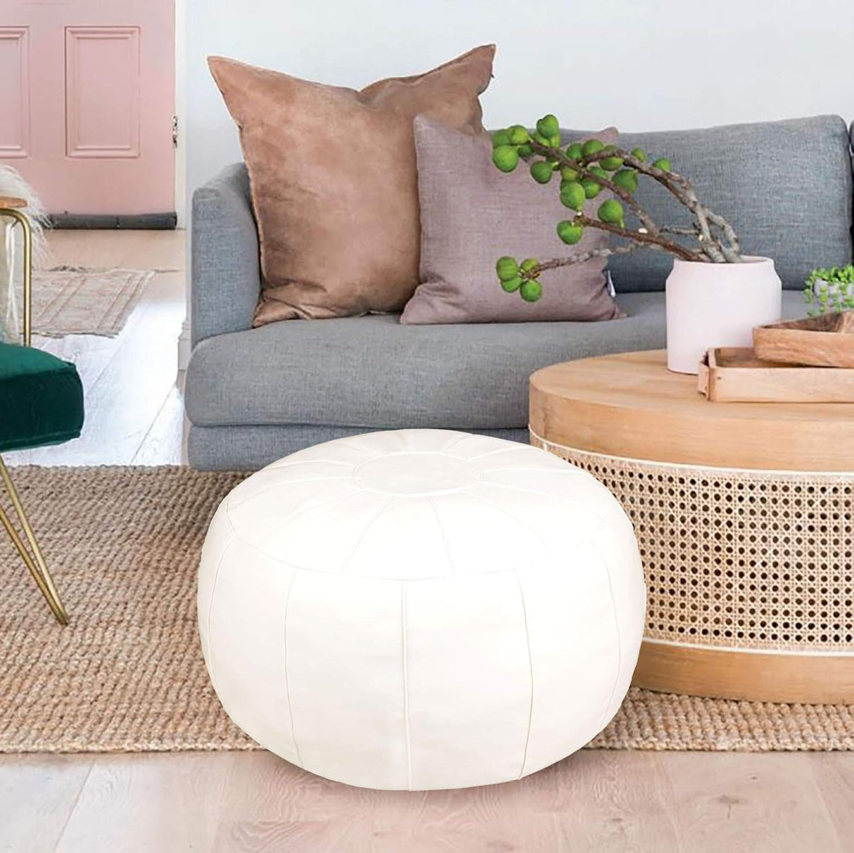 Otomana redonda de cuero, asiento decorativo y almacenamiento