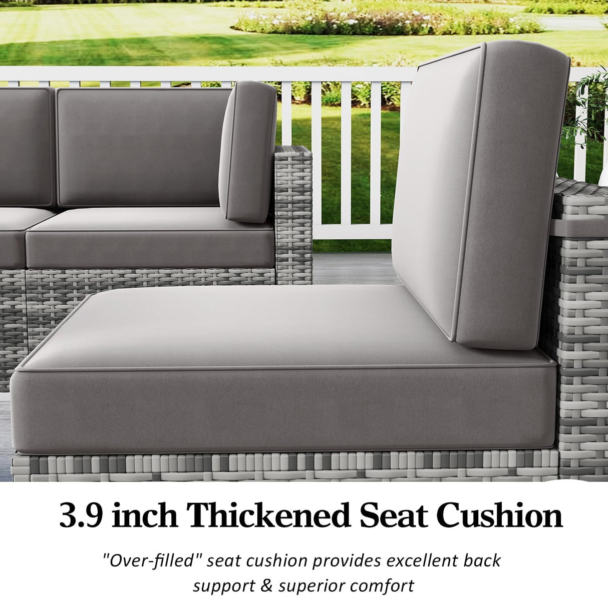 LayinSun Juego de muebles de patio de 8 piezas con mesa de fuego de gas propano de 44 pulgadas, juego de conversación seccional al aire libre, juego de sofá de mimbre de ratán con mesa auxiliar de almacenamiento y mesa auxiliar