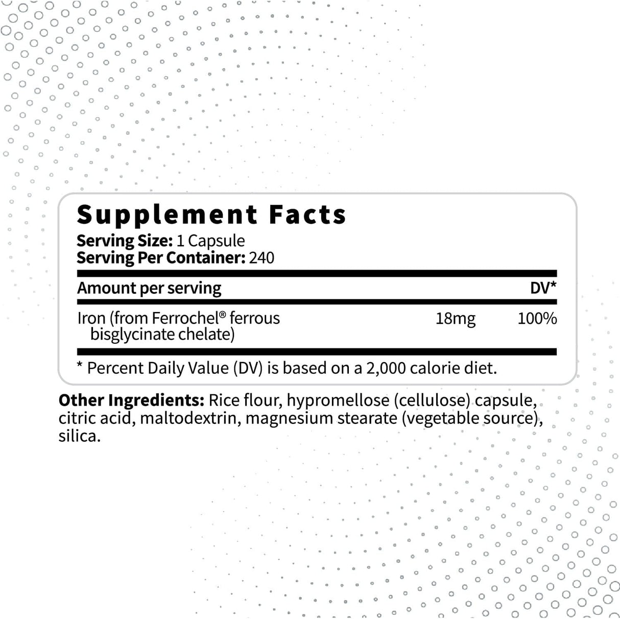 Suplemento zero de quelato de hierro 18 mg 240cáp Sin OMG