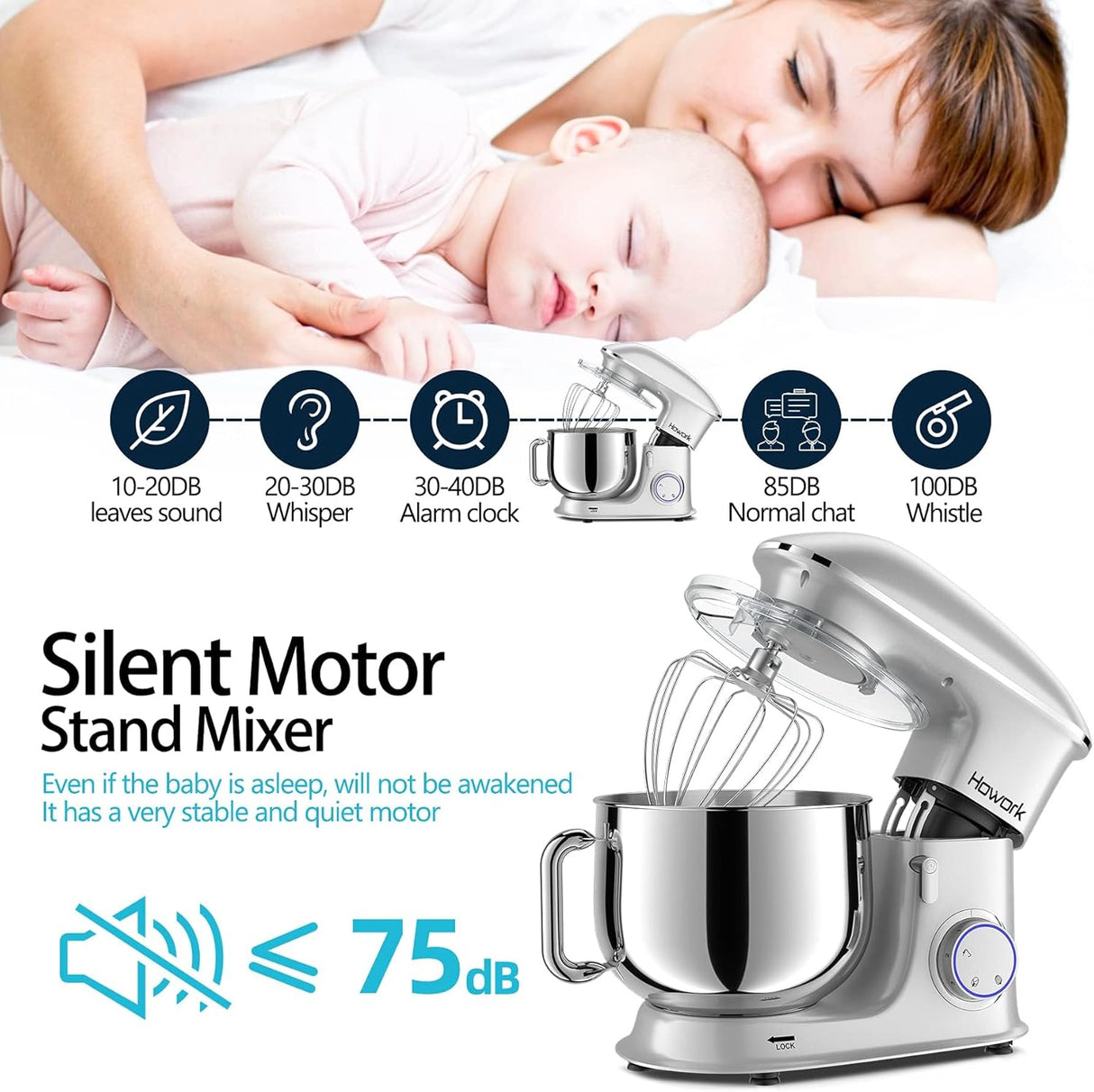 Mezcladora de Cocina HOWORK 8.5QT 660W 6+P Velocidades