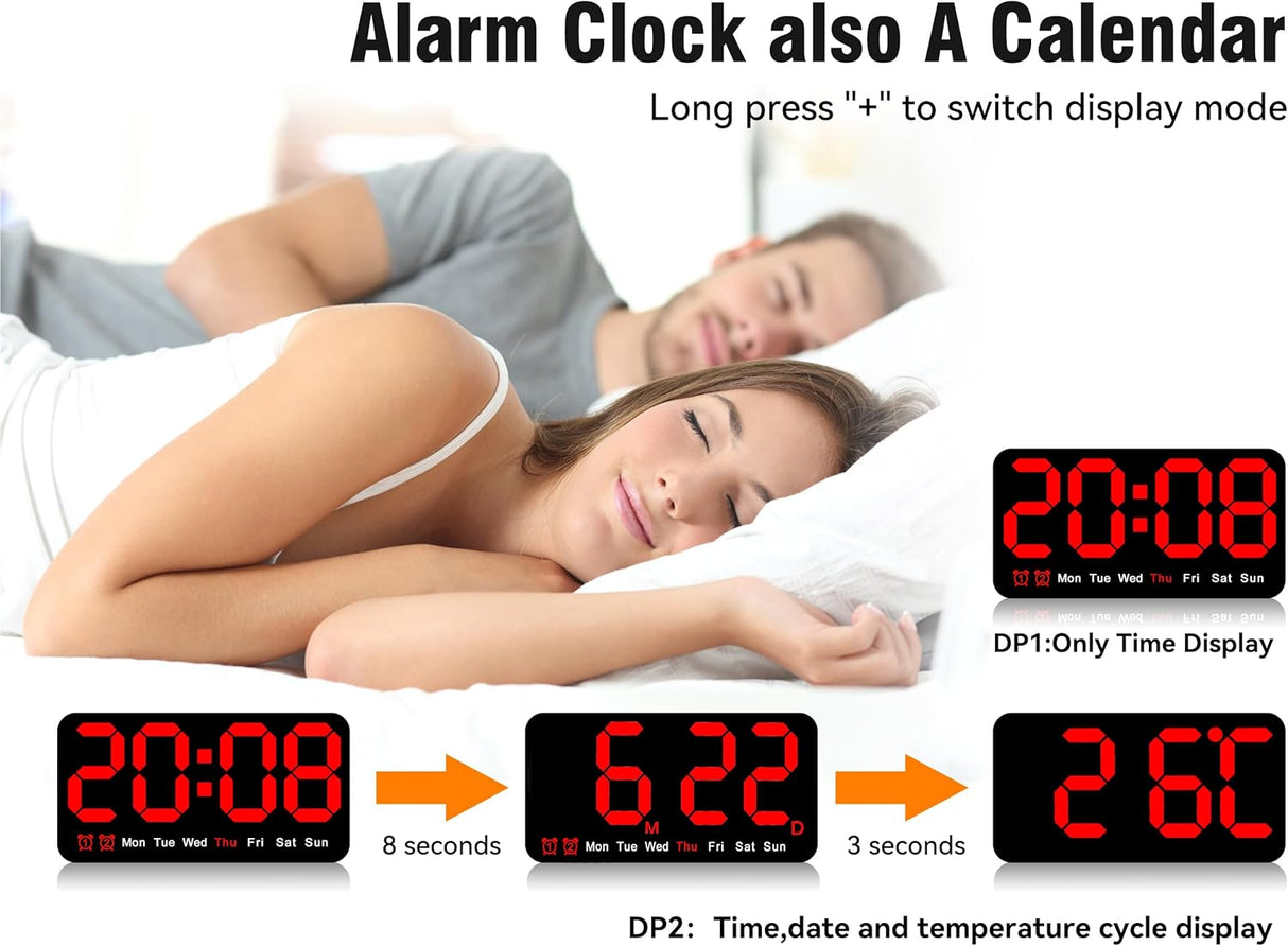 Reloj Digital Grande con Alarma, Doble Alarma y Brillo Ajustable