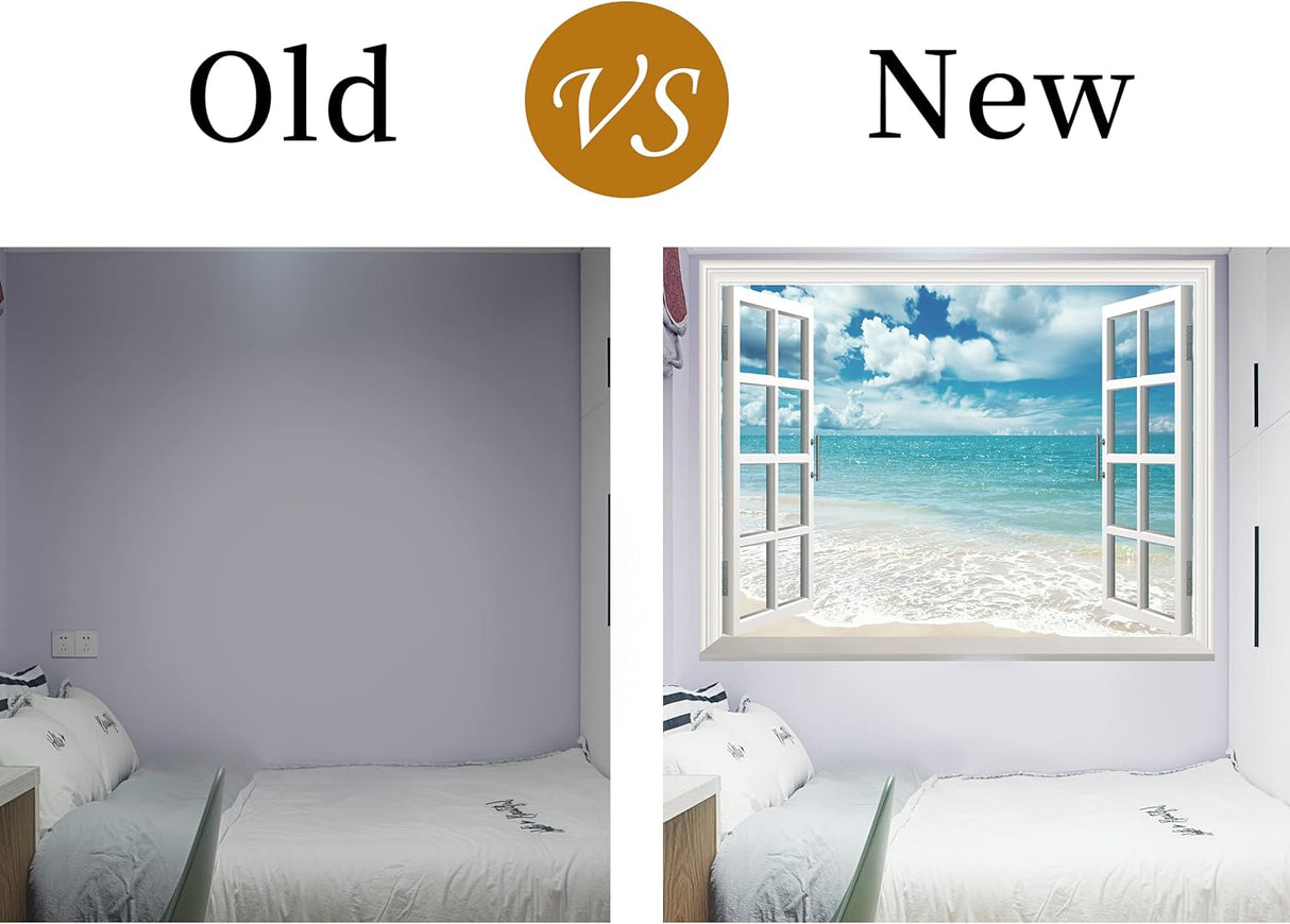Adhesivo de pared falso para ventana, mural playa de verano para decoración de pared, calcomanías de pared para pegar y despegar, 16 x 24 pulgadas
