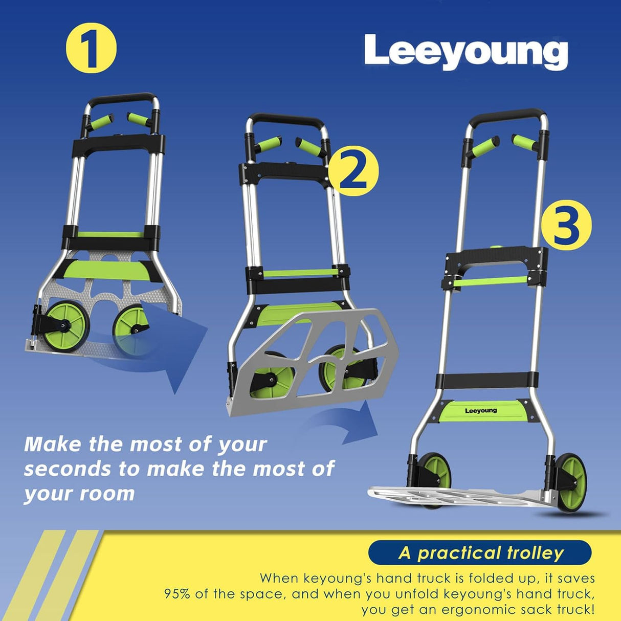 Carretilla Plegable y Dolly, 140 kg, Aluminio, Mango Telescópico