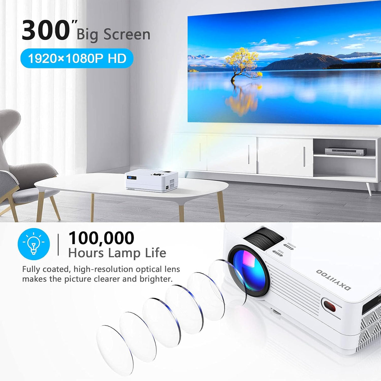 Proyector 1080P Nativo, WiFi y Bluetooth, Cine en Casa 300