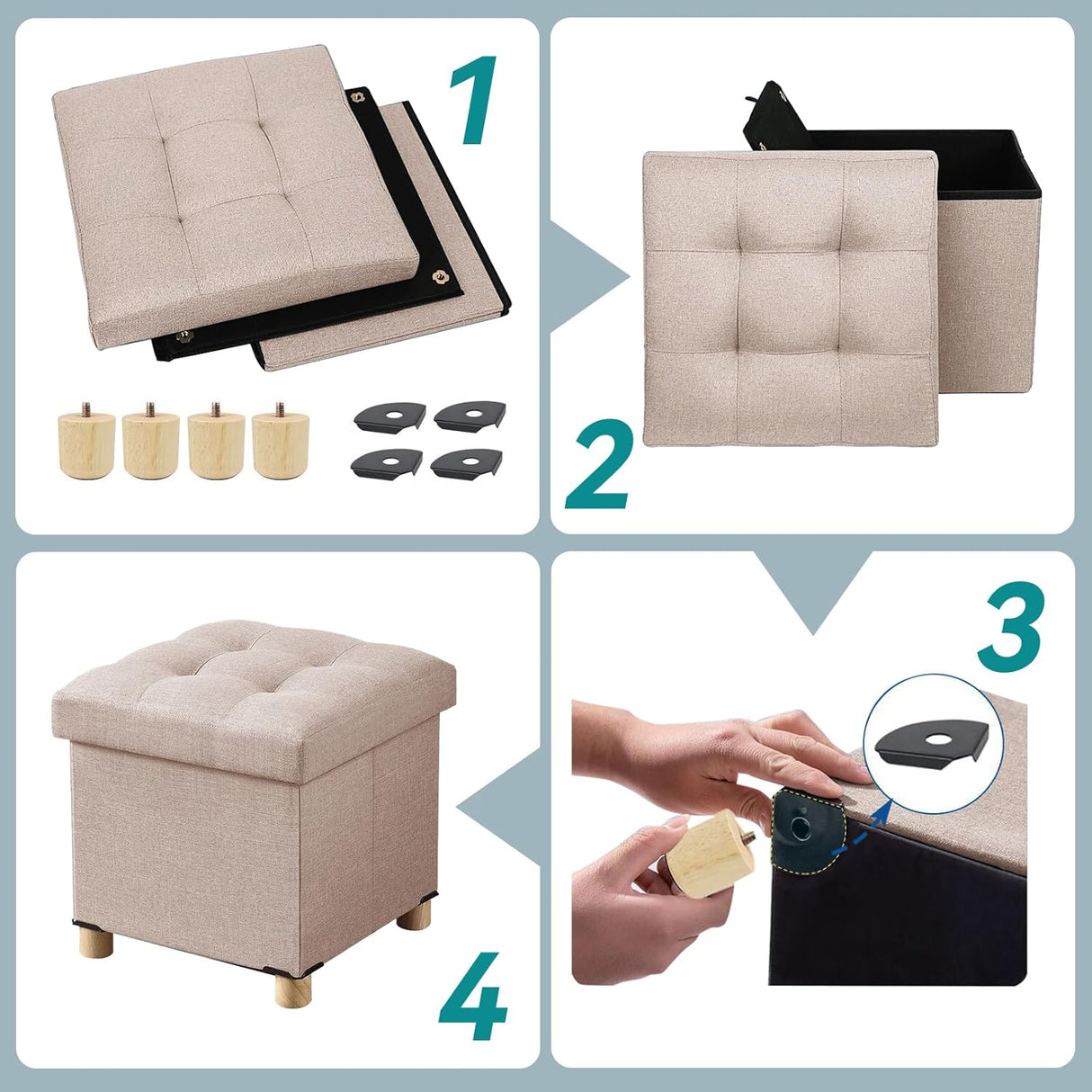 Ottomán Pequeño Plegable con Almacenamiento y Patas de Madera