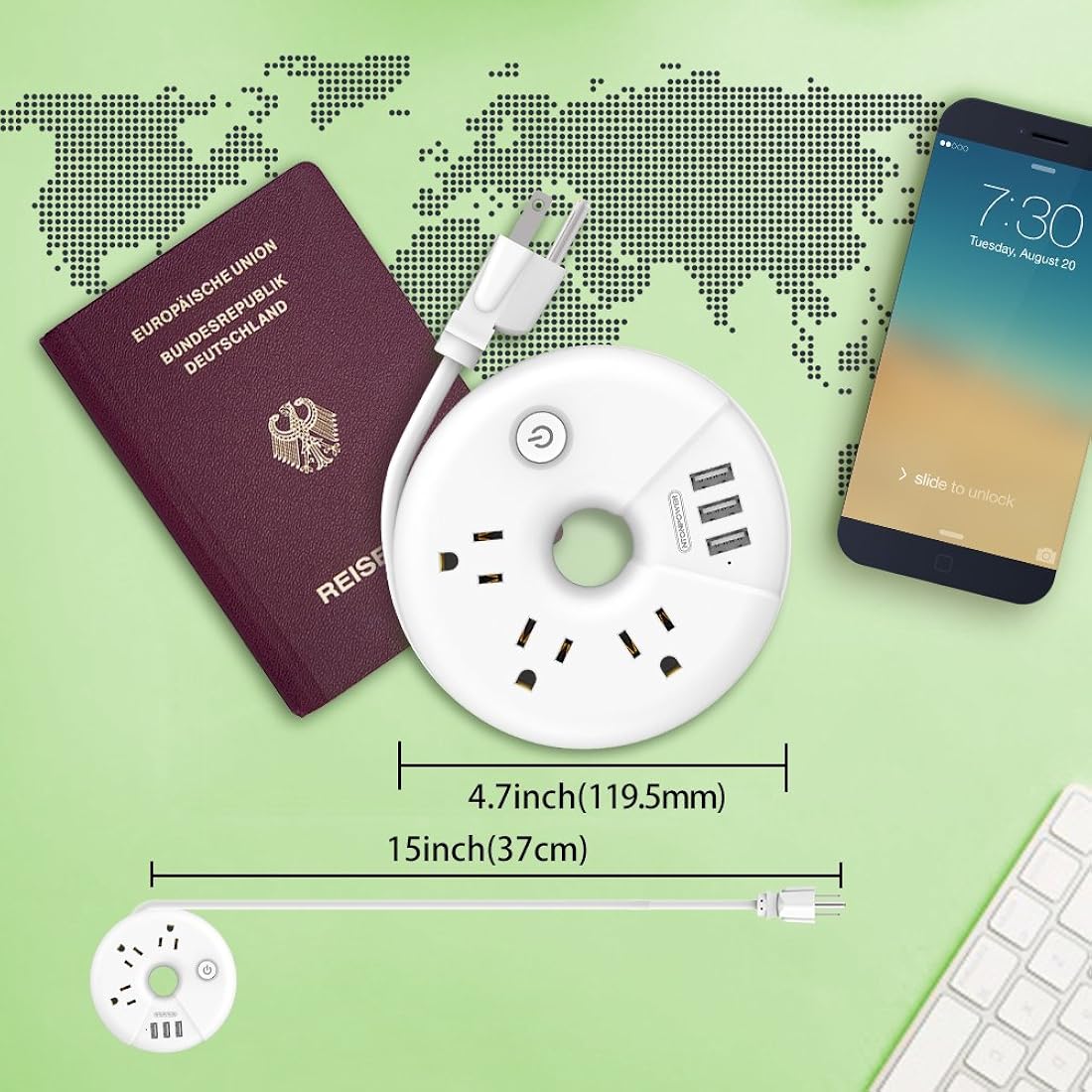 NTONPOWER - Tira de alimentación de viaje, 3 tomas, blanco