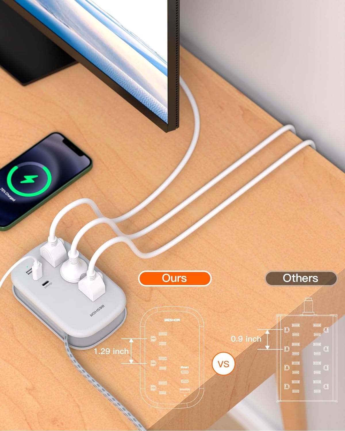 Tira de alimentación USB C de viaje, cable de extensión ultra plano, regleta de alimentación de enchufe plano, 3 salidas con 3 puertos USB (2 USB C), cable de extensión envuelto de 3.2 pies para