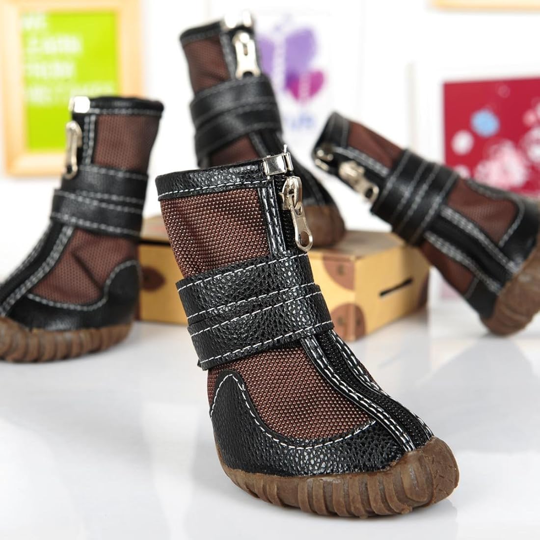 Botas grandes de cuero sintético para perro, botas de invierno impermeables para perro, botas para lluvia antideslizantes, Marrón