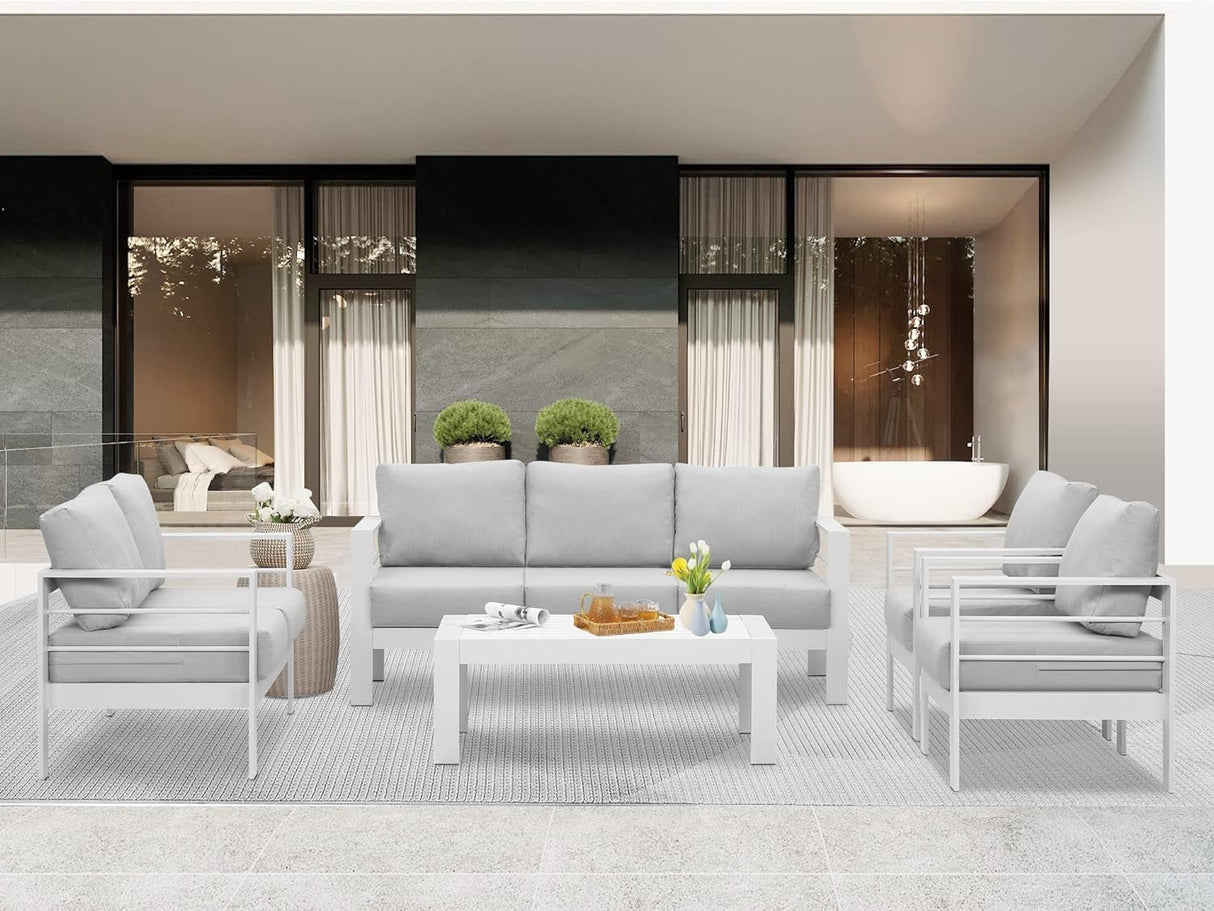 Wisteria Lane Juego de muebles de patio de aluminio para exteriores, modernos juegos de conversación de patio, sofá modular de metal para exteriores con cojín de 5 pulgadas y mesa de centro para balcón, jardín, gris claro