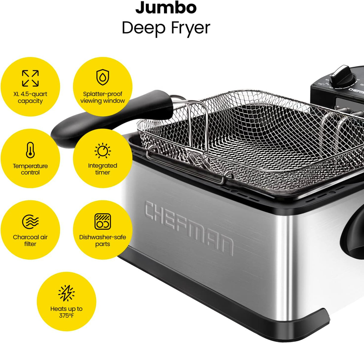 Freidora Chefman 4.5L con cesta, temporizador y aceite removible
