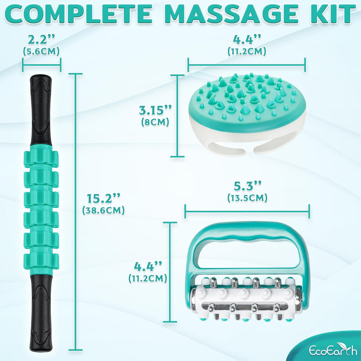 EcoEarth Kit de Masaje 3 en 1 - Rodillo, Scrubber y Masajeador