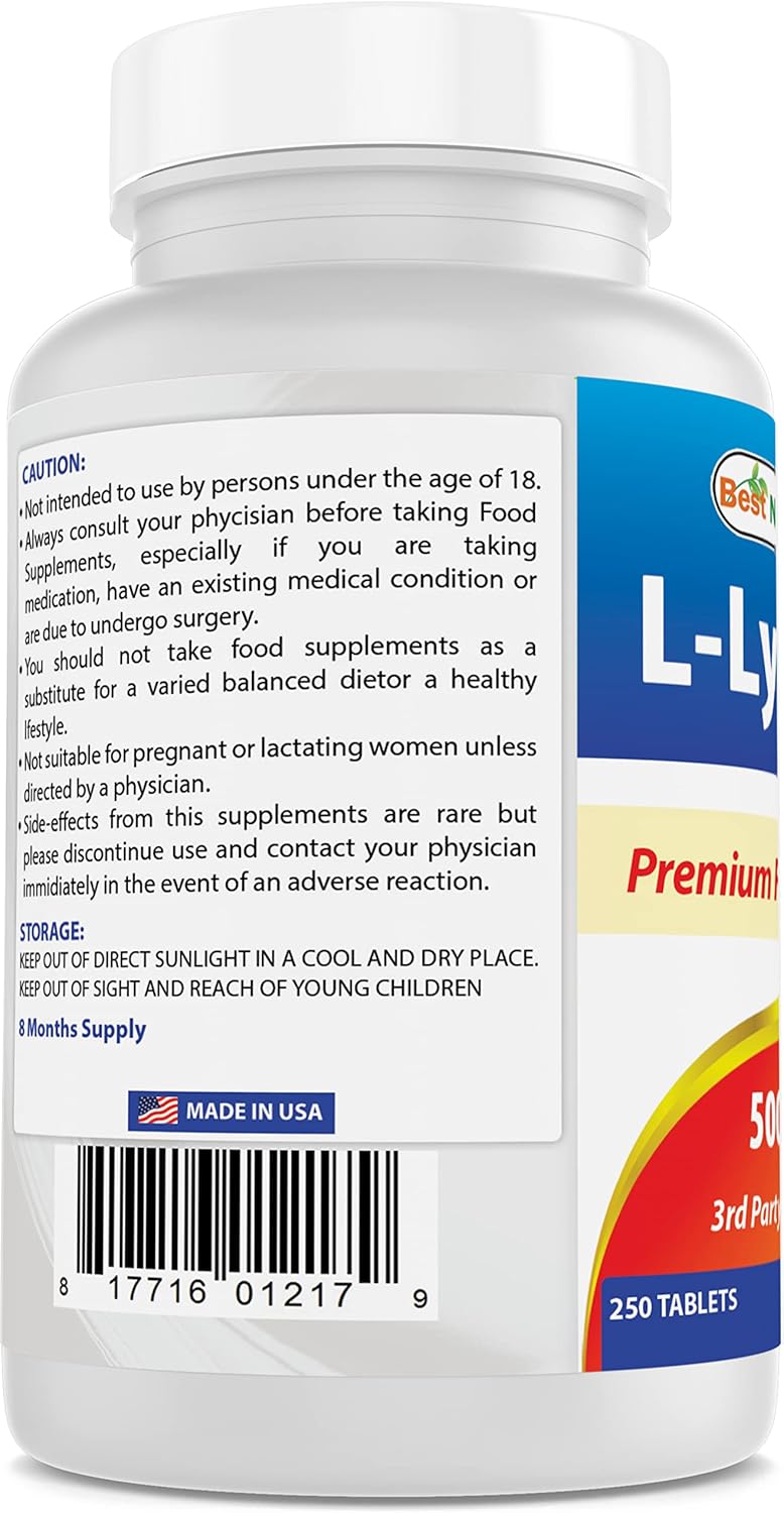 L-Lisina 500 mg 250 Tabletas - Best Naturals, Suplemento Dietético
