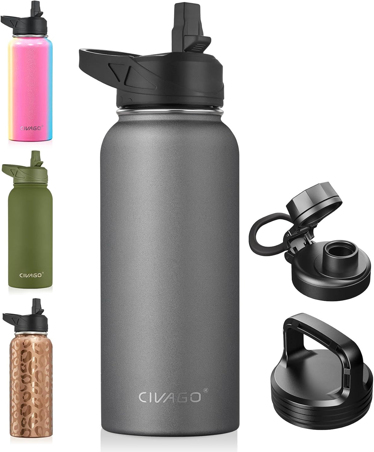 CIVAGO Botella de agua aislada de 32 onzas con pajilla, botella de agua deportiva de acero inoxidable con 3 tapas (pajilla, boquilla y tapa de asa), taza térmica de viaje de boca ancha, gris frío