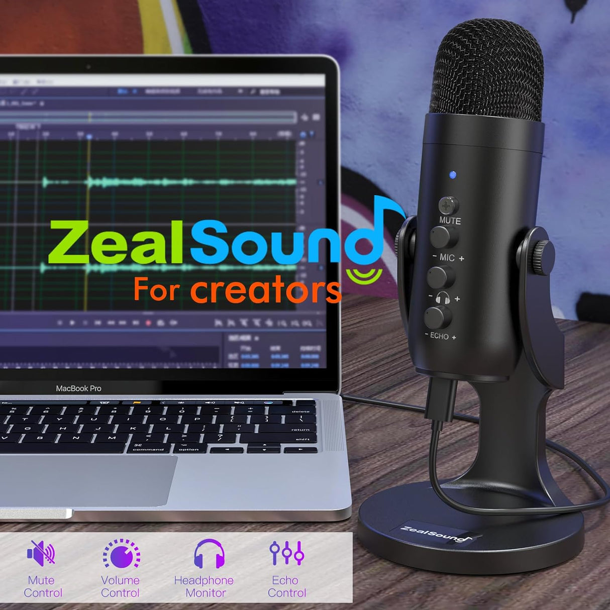 Micrófono USB ZealSound, condensador, control de volumen y ganancia
